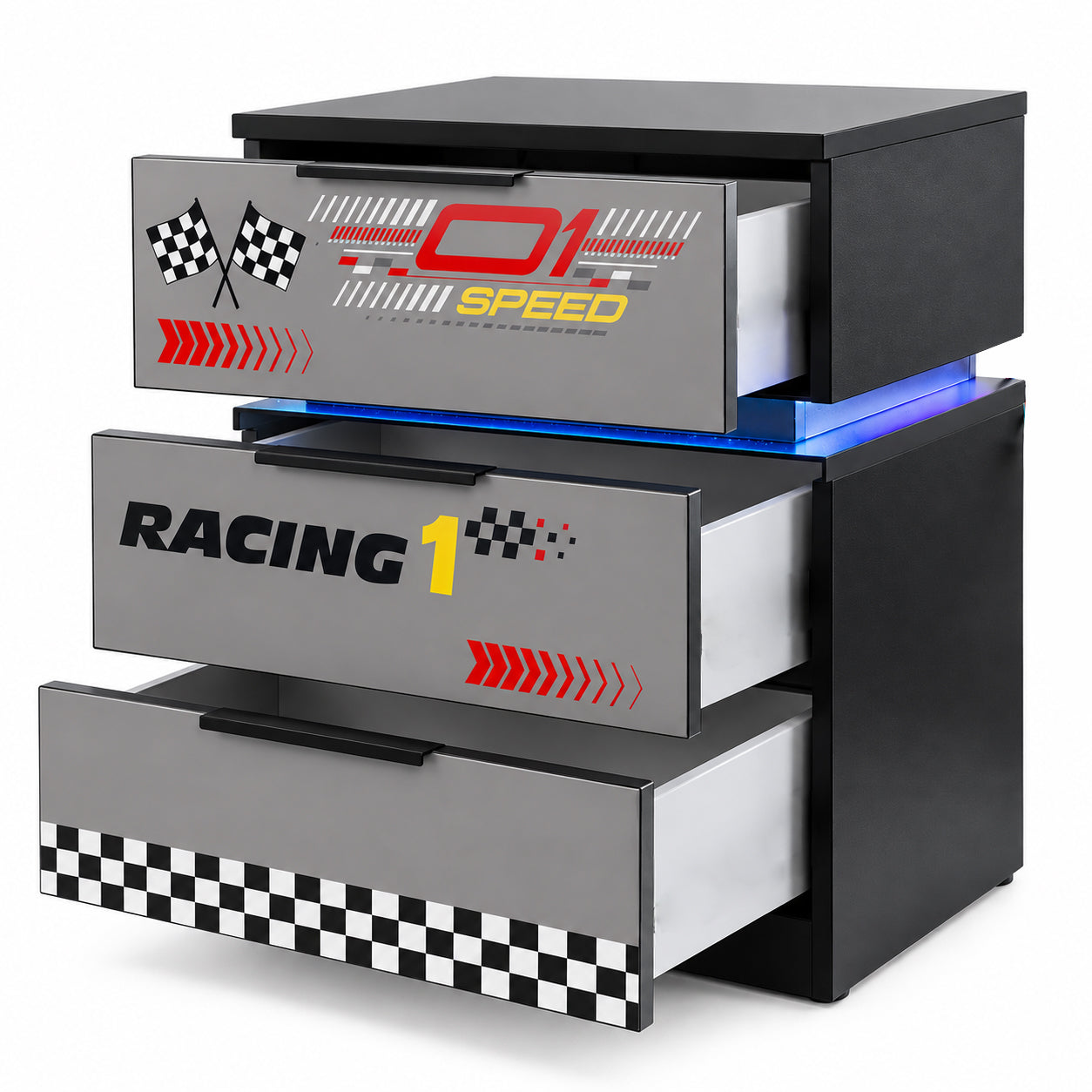 3 Drawer Racing Nightstand with Light 1